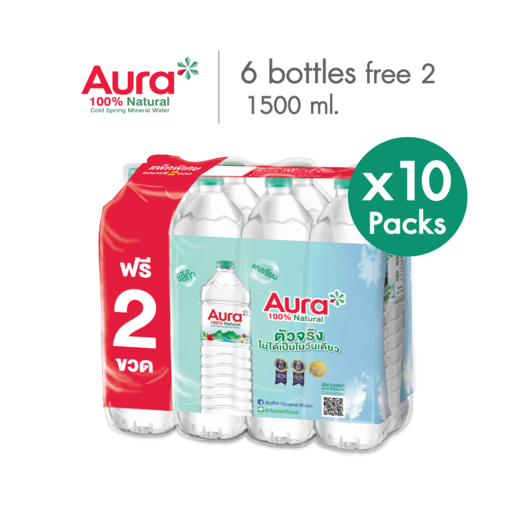 AURA ออรา น้ำแร่ธรรมชาติ 100% 1500มล.x6ขวด แถม 2ขวดx10แพ็ก