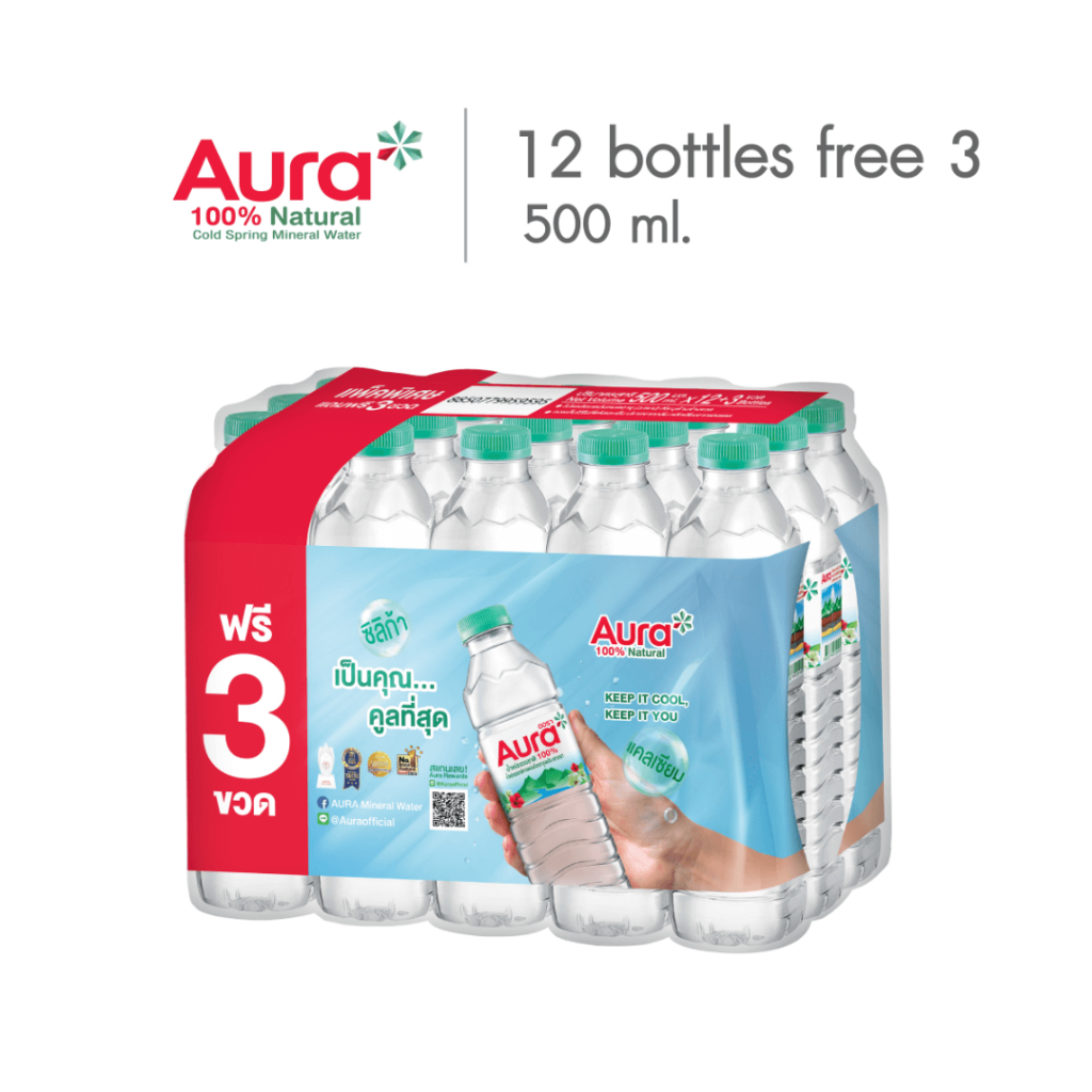 AURA ออรา น้ำแร่ธรรมชาติ 100% (500 มล. x 12 ขวด แถม 3 ขวด)