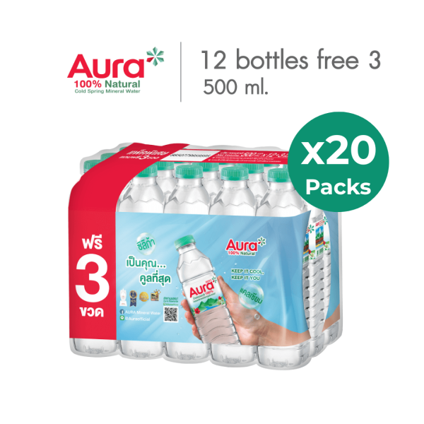 AURA ออรา น้ำแร่ธรรมชาติ 100% 500มล.x12ขวดแถม 3ขวดx20แพ็ก